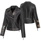 Women's Embroidered Leather Jacket - Mabel Short Nappa Biker Jacket with Rivets
