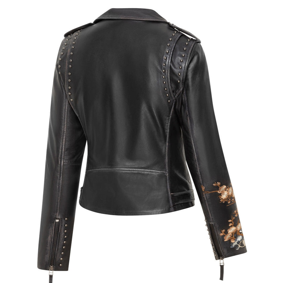 Women's Embroidered Leather Jacket - Mabel Short Nappa Biker Jacket with Rivets