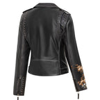 Women's Embroidered Leather Jacket - Mabel Short Nappa Biker Jacket with Rivets