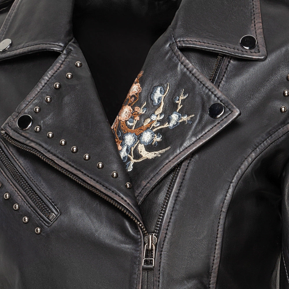 Women's Embroidered Leather Jacket - Mabel Short Nappa Biker Jacket with Rivets