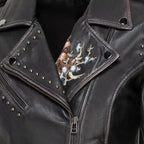 Women's Embroidered Leather Jacket - Mabel Short Nappa Biker Jacket with Rivets