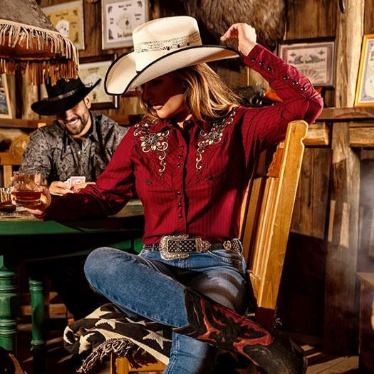 Women's Embroidered Western Blouse Catherine - Floral Rhinestone Cowgirl Shirt