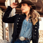 Women's Military Fringe Leather Jacket - Brianna Black Cowhide Jacket with Conchos