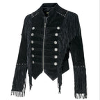 Women's Military Fringe Leather Jacket - Brianna Black Cowhide Jacket with Conchos
