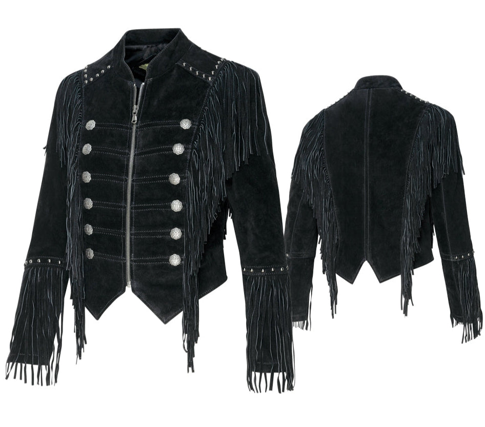 Women's Military Fringe Leather Jacket - Brianna Black Cowhide Jacket with Conchos