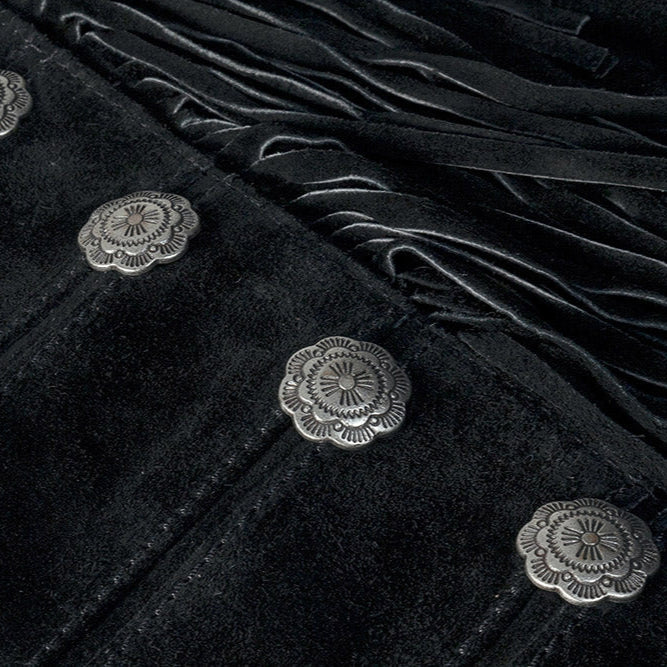 Women's Military Fringe Leather Jacket - Brianna Black Cowhide Jacket with Conchos