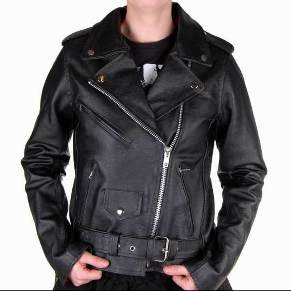 Women's Rockabilly Leather Jacket - Rockabella Black Biker Jacket with Red Lining