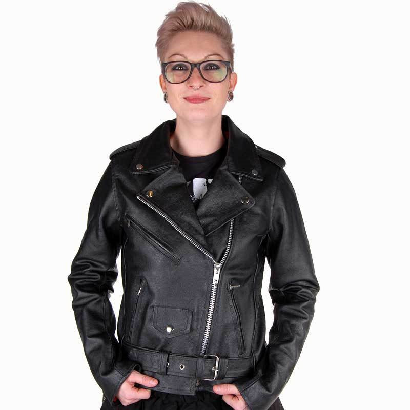 Women's Rockabilly Leather Jacket - Rockabella Black Biker Jacket with Red Lining
