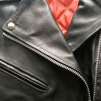 Women's Rockabilly Leather Jacket - Rockabella Black Biker Jacket with Red Lining