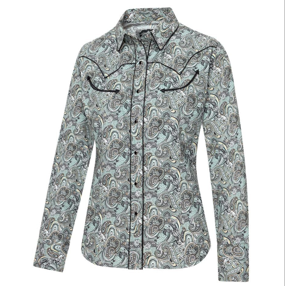 Women's Western Blouse Willow - Paisley Gray & Blue Cowgirl Shirt