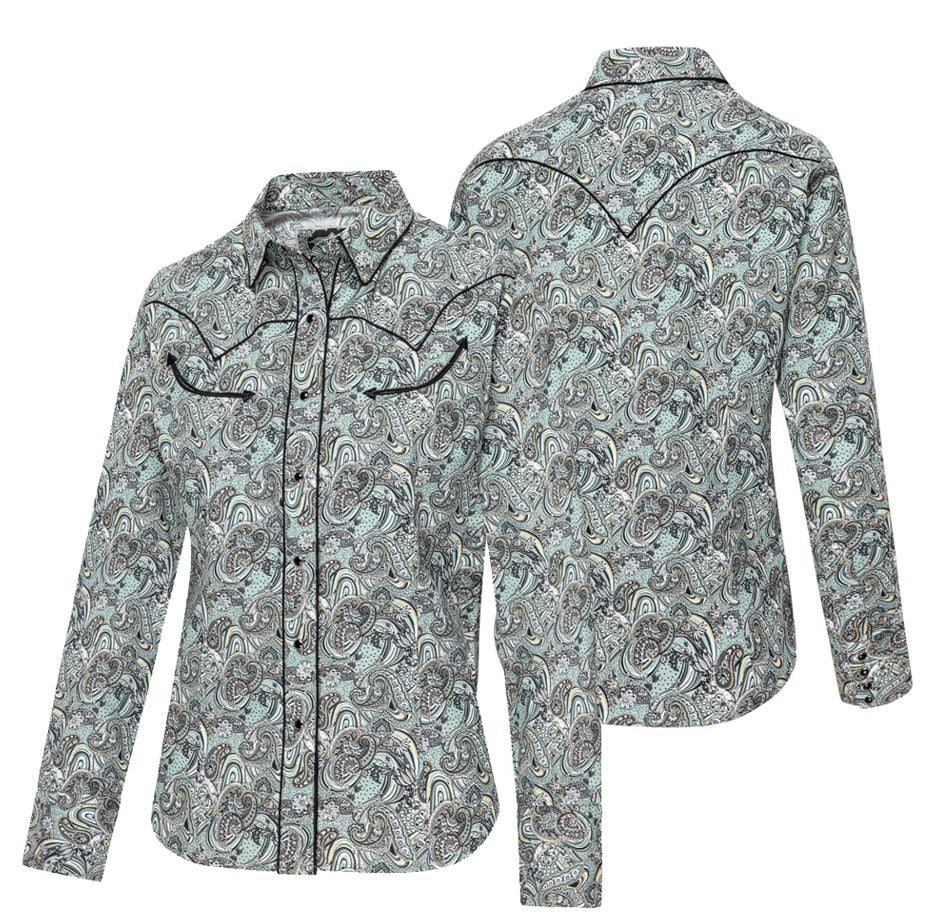 Women's Western Blouse Willow - Paisley Gray & Blue Cowgirl Shirt