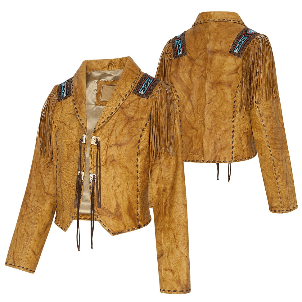 Women's Western Fringe Leather Jacket - Azteca Beaded Cowhide Jacket with Lacing