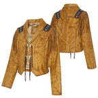 Women's Western Fringe Leather Jacket - Azteca Beaded Cowhide Jacket with Lacing