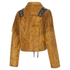 Women's Western Fringe Leather Jacket - Azteca Beaded Cowhide Jacket with Lacing