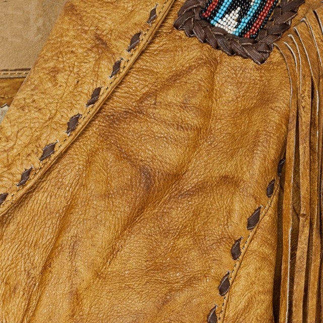Women's Western Fringe Leather Jacket - Azteca Beaded Cowhide Jacket with Lacing