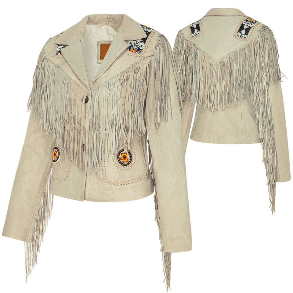 Women's Western Fringe Leather Jacket - Kiana Beaded Cowhide Jacket