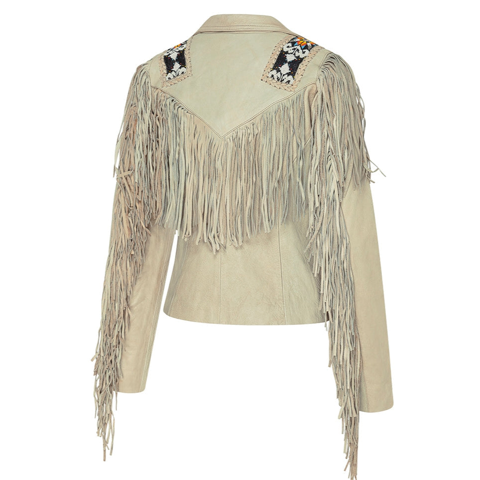 Women's Western Fringe Leather Jacket - Kiana Beaded Cowhide Jacket
