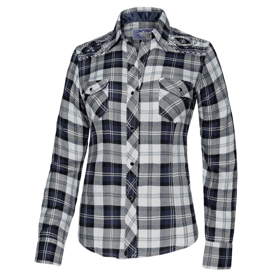 Women's checked Western Blouse Pasadena - Blue Embroidered Cowgirl Shirt