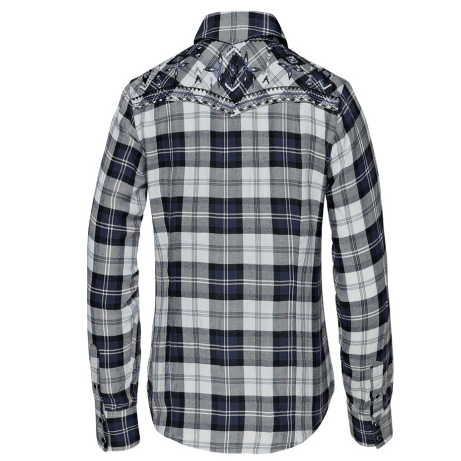 Women's checked Western Blouse Pasadena - Blue Embroidered Cowgirl Shirt
