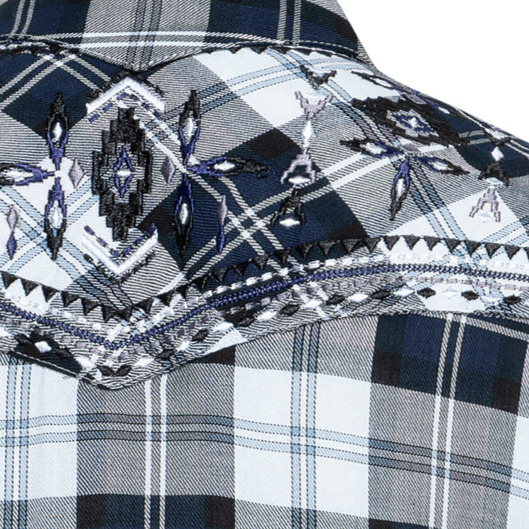 Women's checked Western Blouse Pasadena - Blue Embroidered Cowgirl Shirt