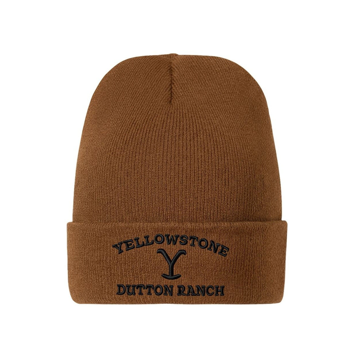 Yellowstone Dutton Ranch Beanie - Brown Knit Hat with Yellow Embroidery