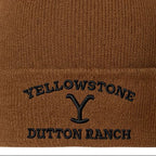 Yellowstone Dutton Ranch Beanie - Brown Knit Hat with Yellow Embroidery