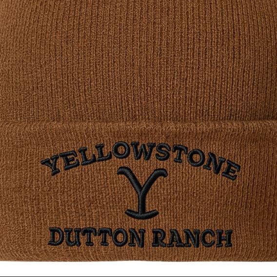 Yellowstone Dutton Ranch Beanie - Brown Knit Hat with Yellow Embroidery