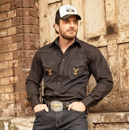 Yellowstone Men's Western Shirt Protect the Family - Premium Embroidered Dutton Ranch Shirt