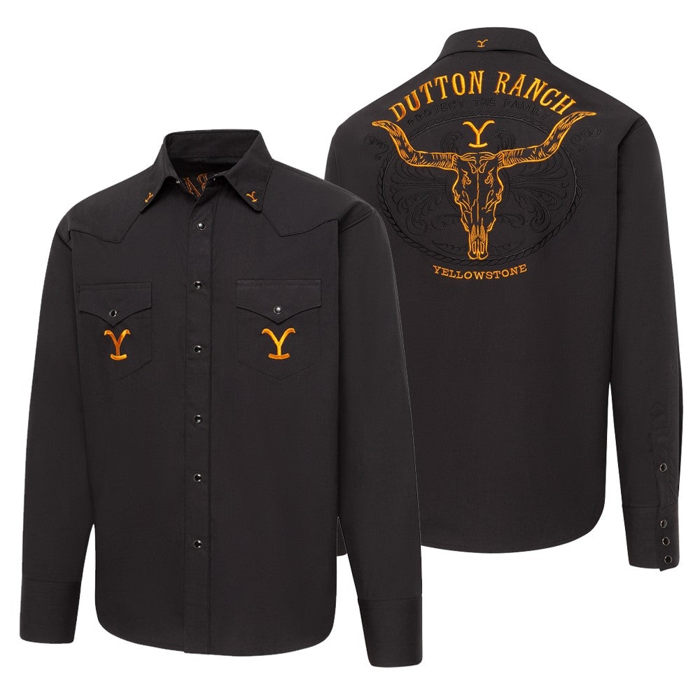 Yellowstone Men's Western Shirt Protect the Family - Premium Embroidered Dutton Ranch Shirt
