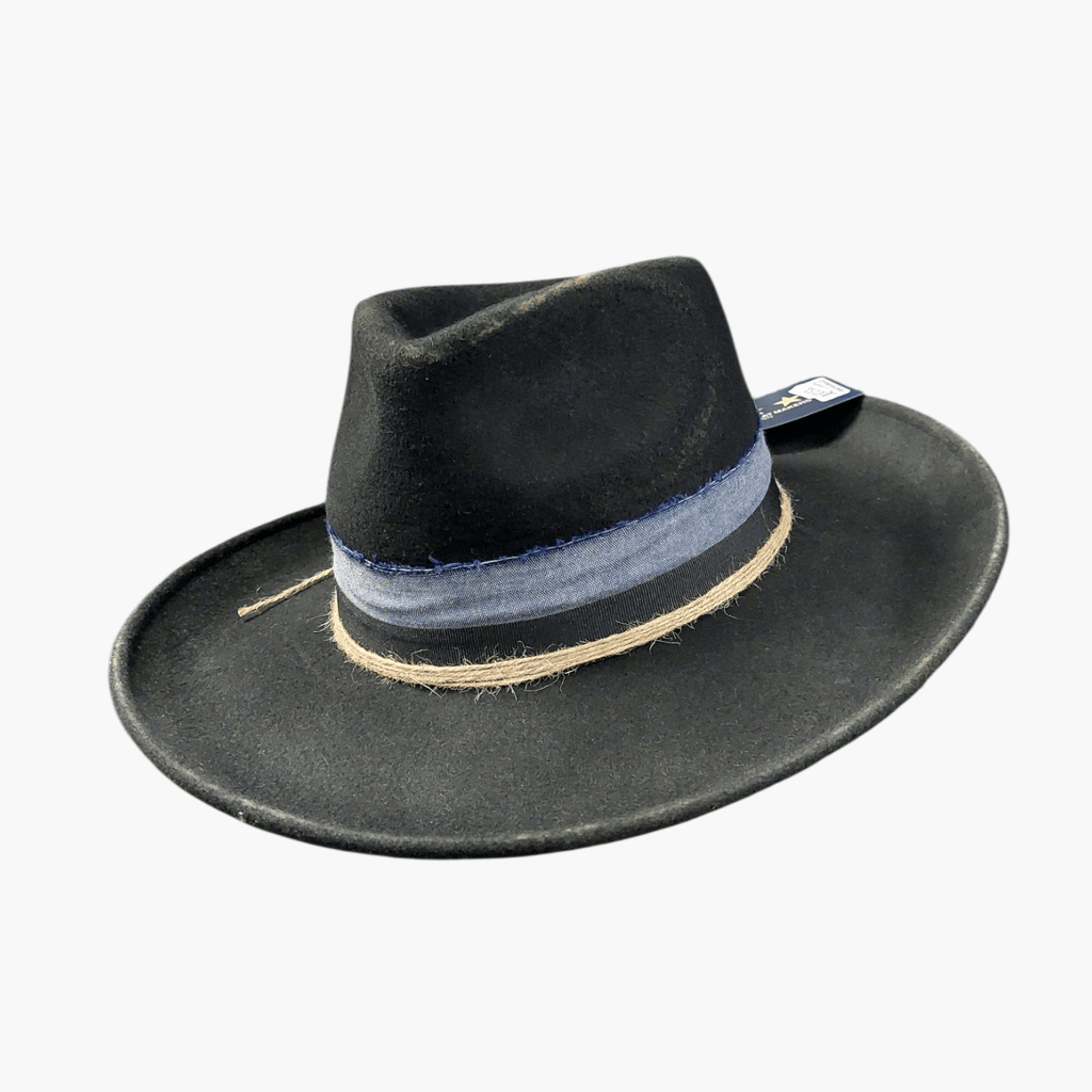 Teardrop Fedora Hat Small Town - Black Wide Brim. Discover rugged sophistication with the Small Town teardrop fedora, a bold statement piece that combines classic outback styling with contemporary edge. Crafted from premium 100% wool felt, this versatile hat delivers timeless style for any adventure.