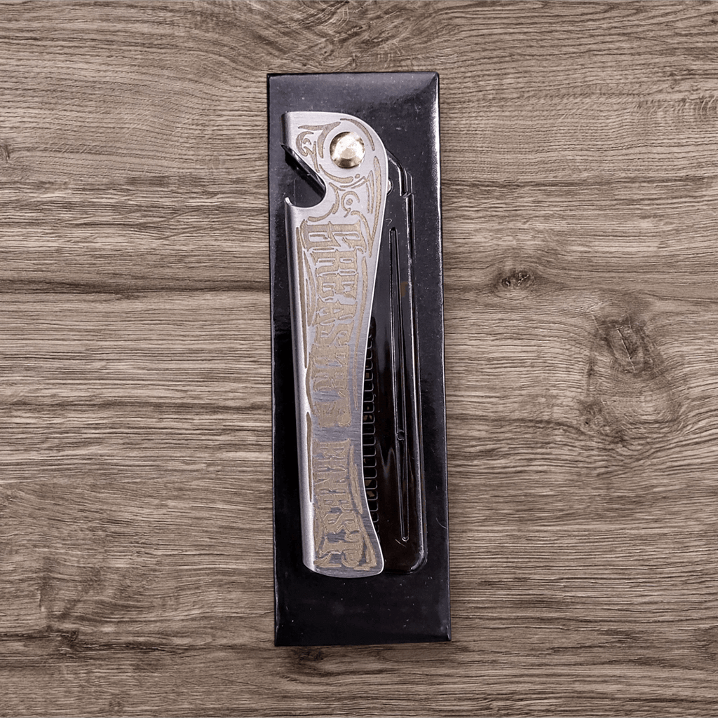 Folding Comb Greaser's Finest packed - Stainless Steel with Bottle Opener