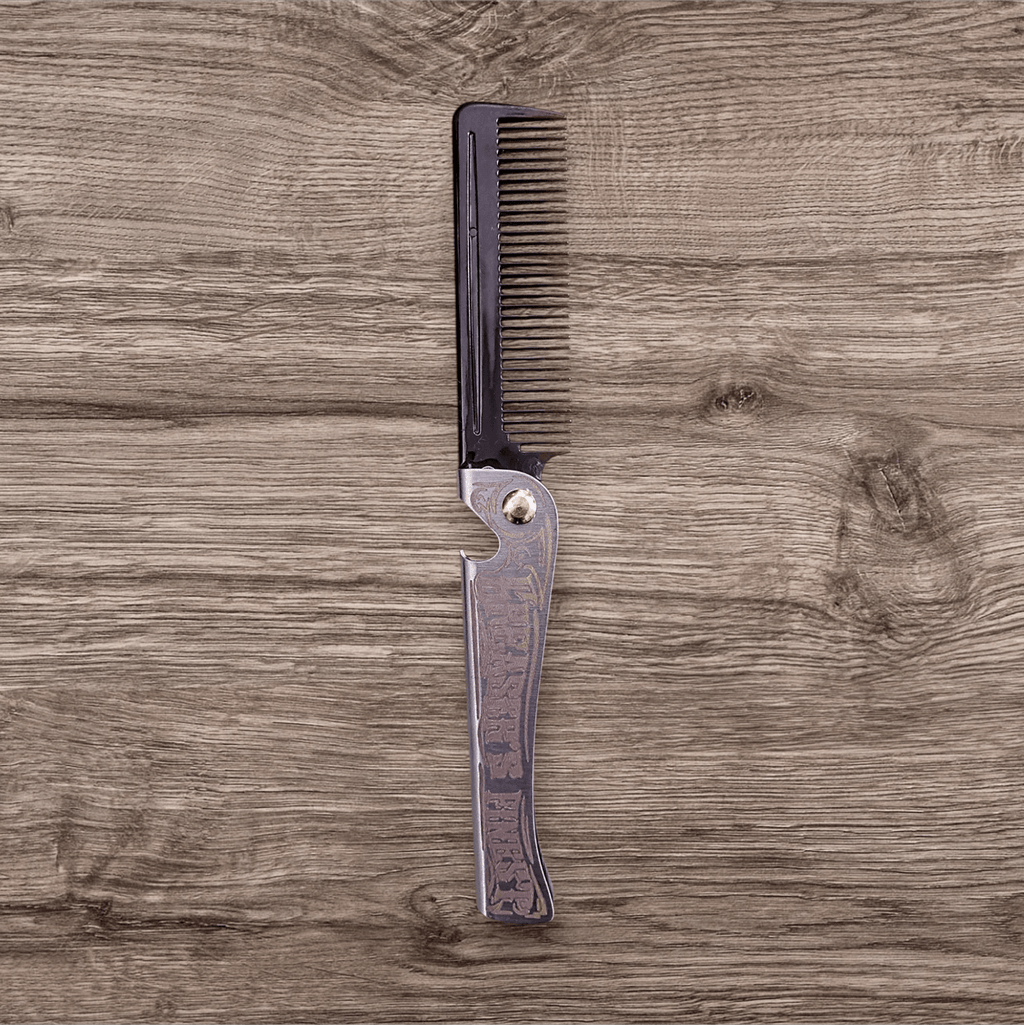 Folding Comb Greaser's Finest open for using - Stainless Steel with Bottle Opener