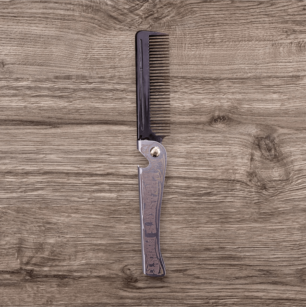 Folding Comb Greaser's Finest open for using - Stainless Steel with Bottle Opener