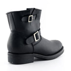 Charger Black Leather Engineer Ankle Boots - Double Buckle Harness Biker Boots for Men & Women