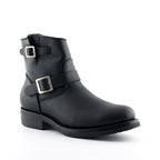 Premium Black Leather Engineer Ankle Boots with Double Buckle Harness. Discover the iconic Charger black leather engineer ankle boots, a perfect fusion of classic motorcycle heritage and rock rebellion. These premium boots feature distinctive double buckle harness straps, Goodyear welted rubber outsole for lifetime durability, cushioned footbed comfort, and versatile unisex styling that works for both men and women who demand boots with serious attitude and authentic biker edge.