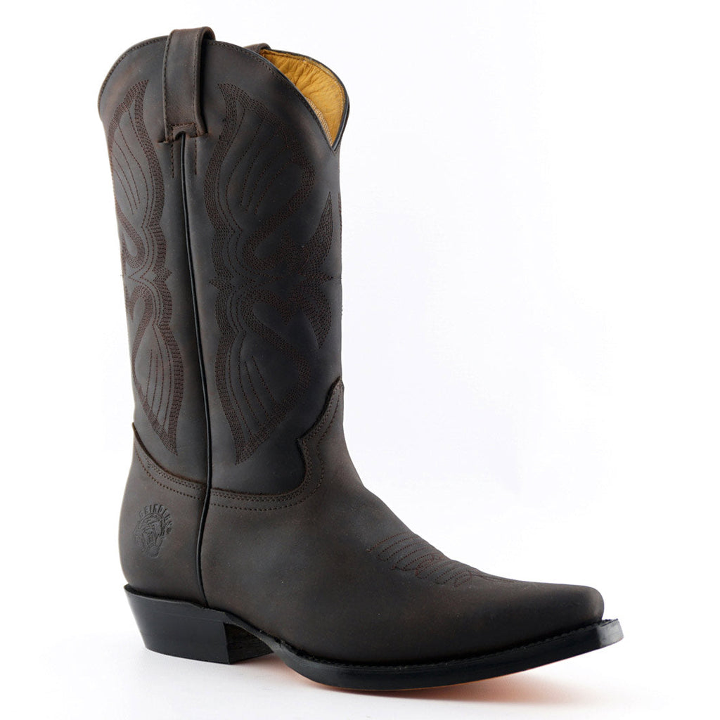 Premium Tall Western Cowboy Boots Handcrafted in Mexico - 100% Genuine Brown Leather. Discover the exceptional Louisiana tall Western cowboy boots, meticulously handcrafted in Mexico using 100% genuine leather throughout. These premium tall boots feature an authentic 31cm shaft height, intricate Western stitch detailing, pointed toe, and versatile unisex styling that works for both men and women who appreciate authentic Mexican bootmaking tradition and all-leather quality craftsmanship.