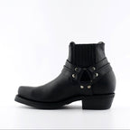 Renegade Lo Black Leather Western Ankle Boots - Harness Strap Slip-On Boots for Men & Women