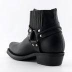 Renegade Lo Black Leather Western Ankle Boots - Harness Strap Slip-On Boots for Men & Women