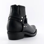 Renegade Lo Black Leather Western Ankle Boots - Harness Strap Slip-On Boots for Men & Women