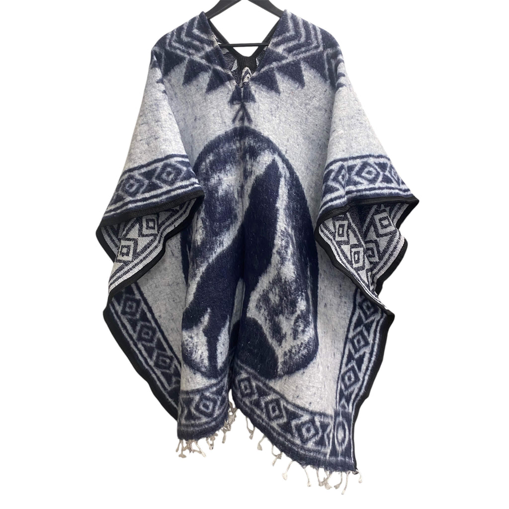 Howling Wolf Poncho - Hand-Woven Steel Blue Brushed Lining