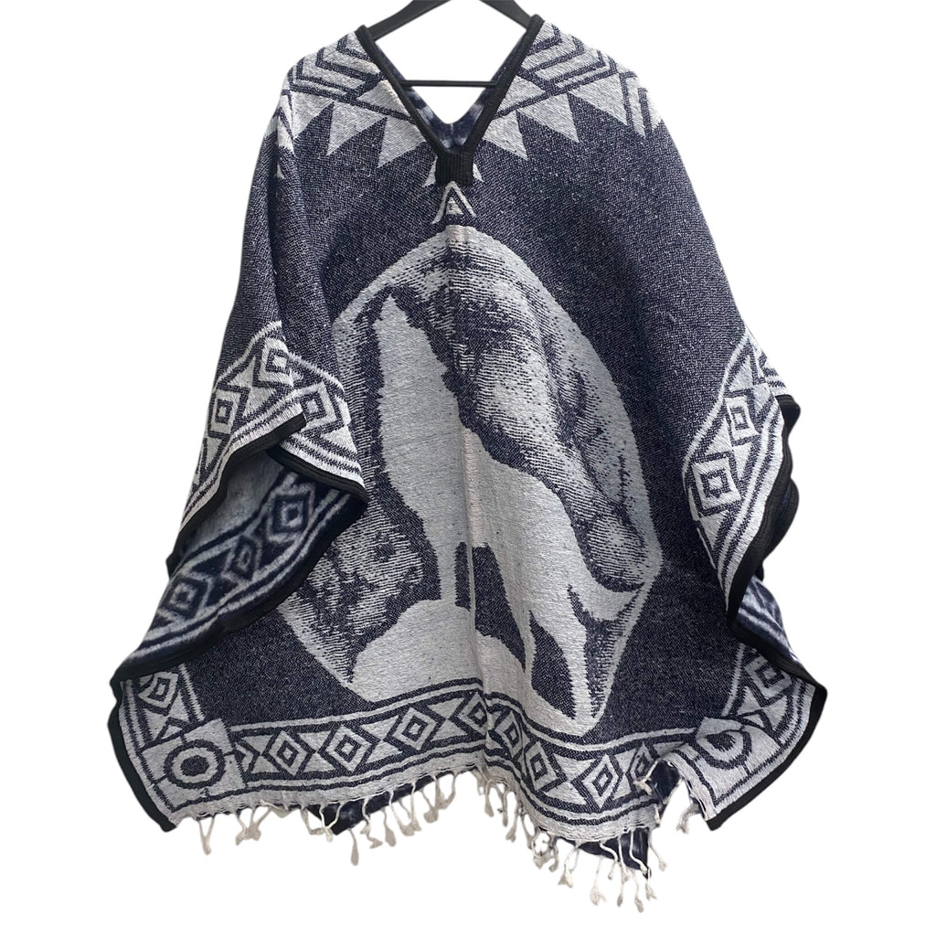 Howling Wolf Poncho - Hand-Woven Steel Blue Brushed Lining