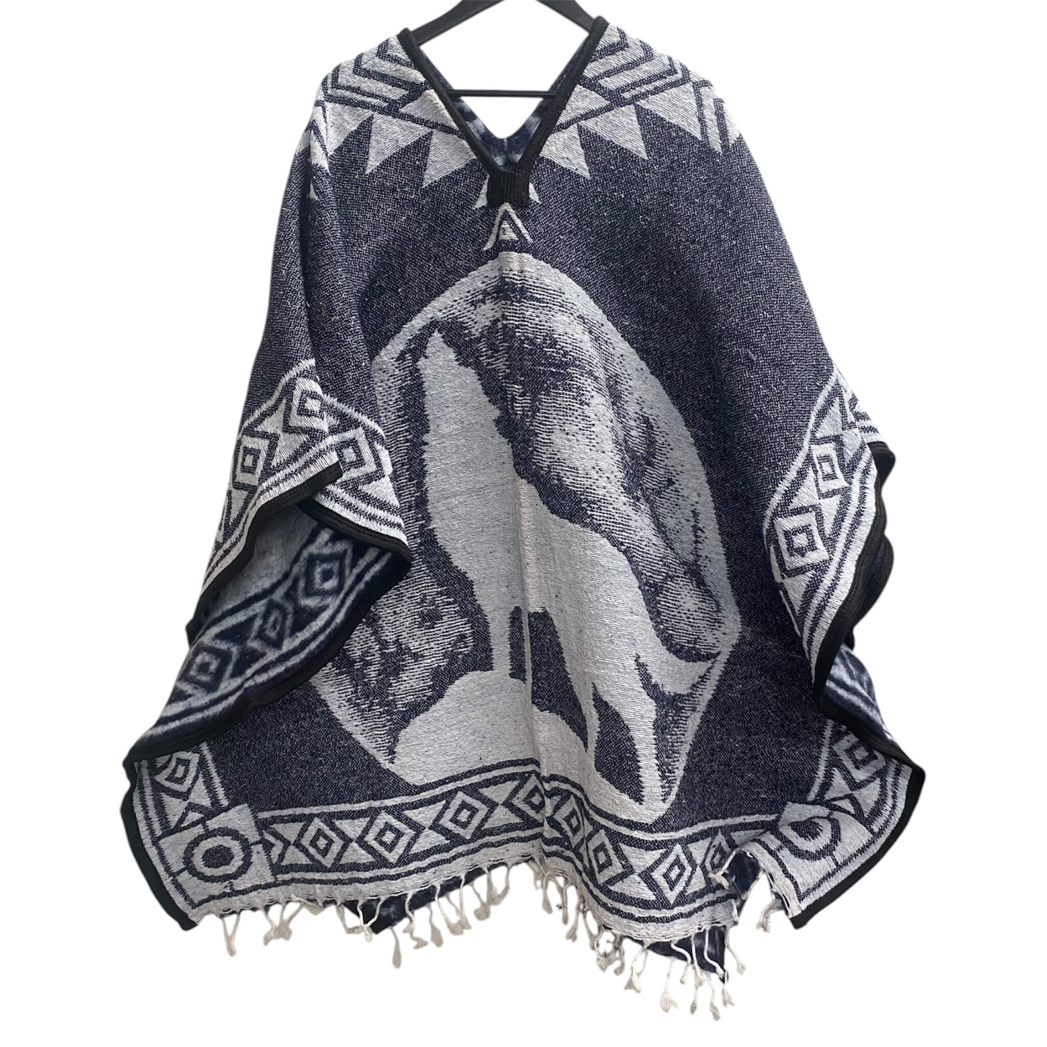 Howling Wolf Poncho - Hand-Woven Steel Blue Brushed Lining