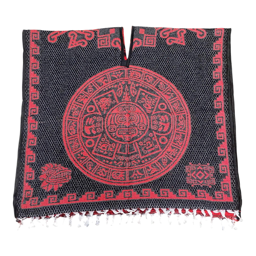 Mayan Calendar & Warrior Poncho Black-Red - Double-Sided Aztec Design