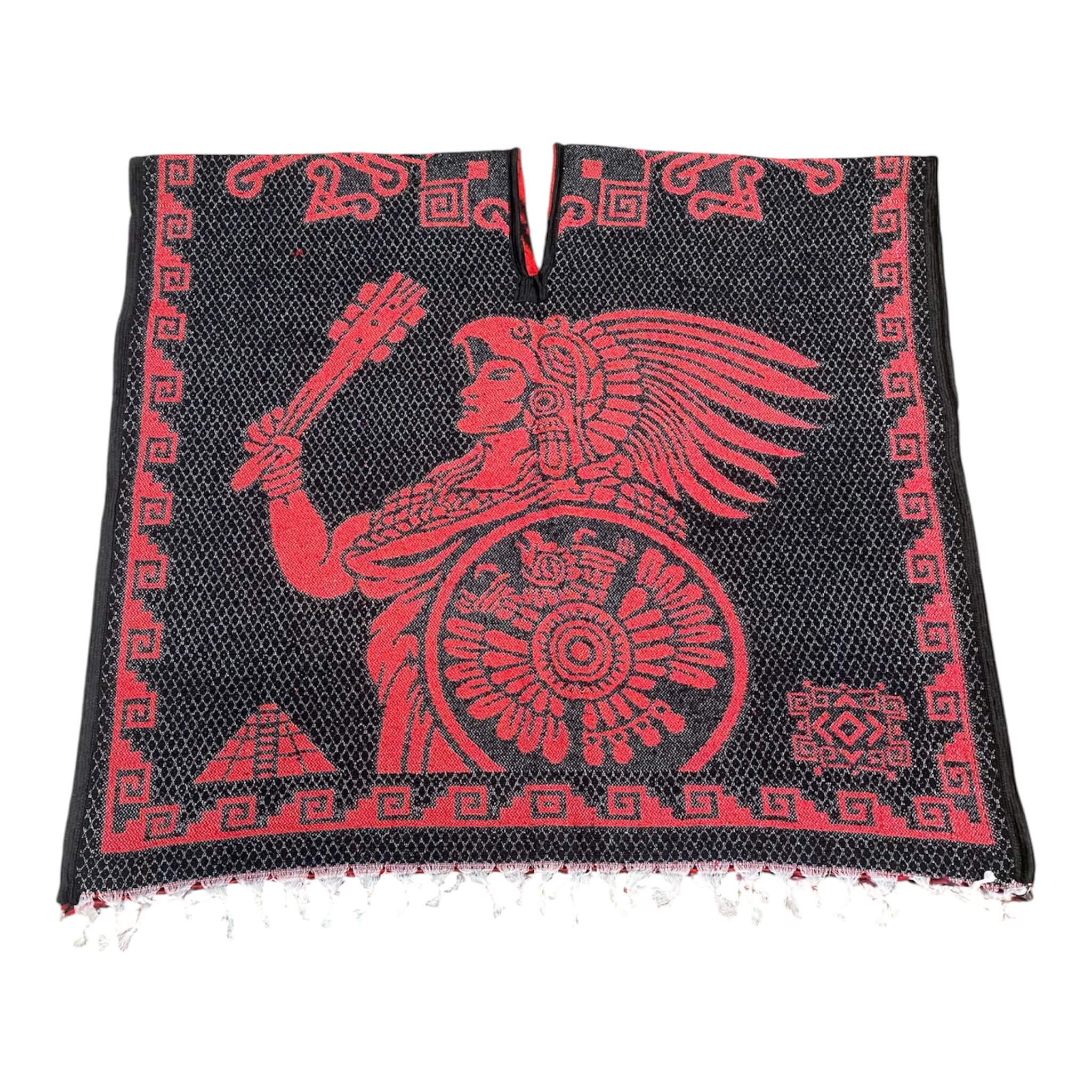 Mayan Calendar & Warrior Poncho Black-Red - Double-Sided Aztec Design