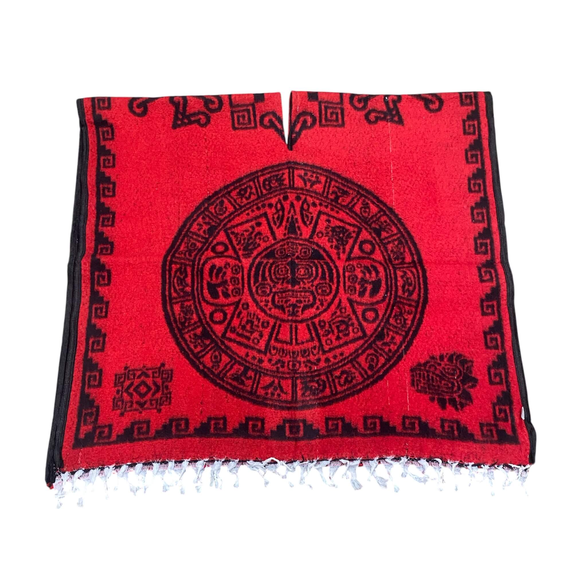 Mayan Calendar & Warrior Poncho Black-Red - Double-Sided Aztec Design
