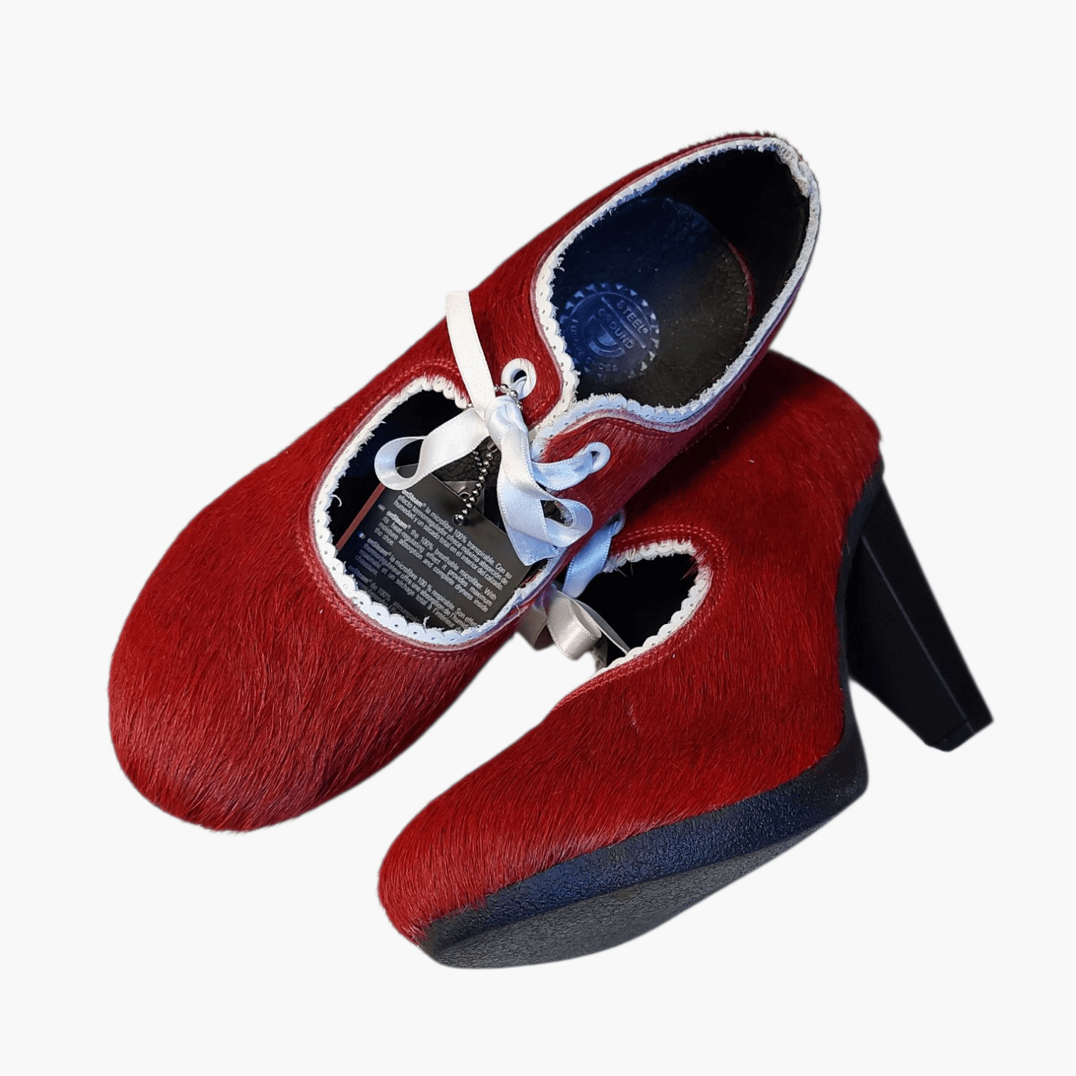 Women's pumps - red furry leather shoes with white leather lace trim, small lace-up design, and a seductive 8 cm high heel. Heels not only boast style and quality, but also offer great comfort with round ends and microfiber inner soles. Elevate your look with these premium shoes, perfect for fashion-forward women like you.