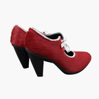 Women's pumps - red furry leather shoes with white leather lace trim, small lace-up design, and a seductive 8 cm high heel. Heels not only boast style and quality, but also offer great comfort with round ends and microfiber inner soles. Elevate your look with these premium shoes, perfect for fashion-forward women like you.