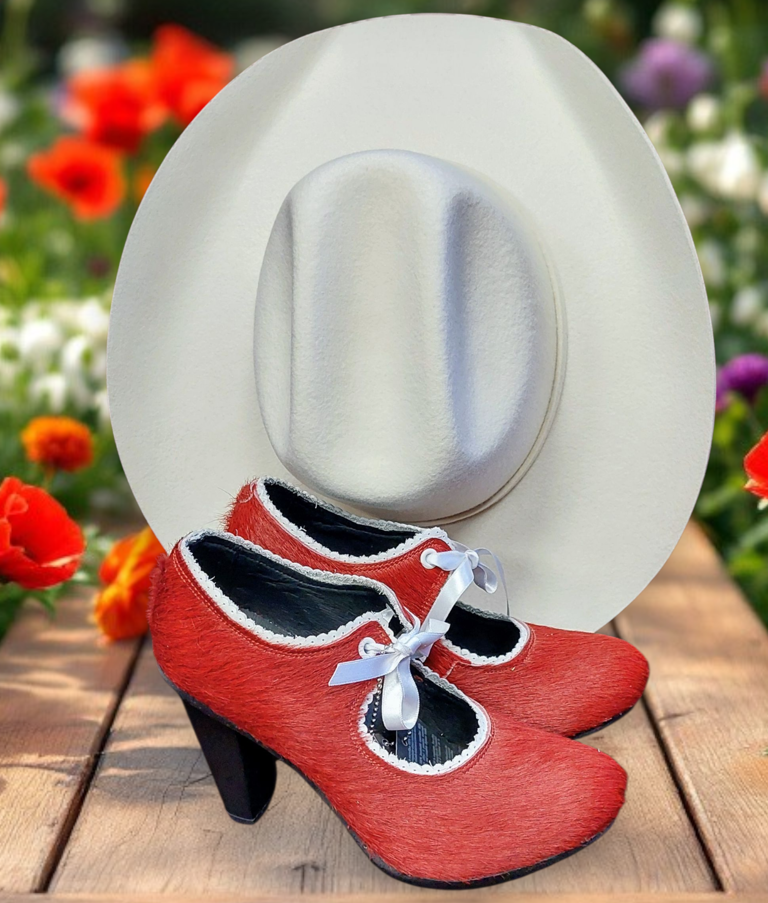 Women's pumps - red furry leather shoes with white leather lace trim, small lace-up design, and a seductive 8 cm high heel. Heels not only boast style and quality, but also offer great comfort with round ends and microfiber inner soles. Elevate your look with these premium shoes, perfect for fashion-forward women like you.