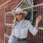 Women's Western Embroidered Blouse Diamond - Long Sleeve Snap Button Cowboy Shirt